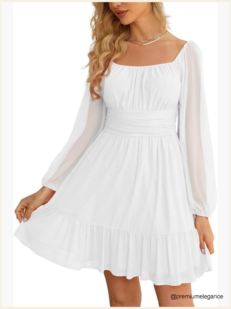 Mesh Long Sleeve Square Neck Dress High Waist A-Line Ruffle Hem Flowy Mini